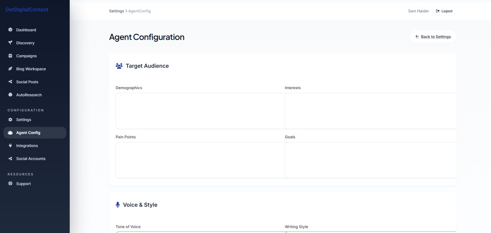 The Agent Configuration page with the editable AI settings form.