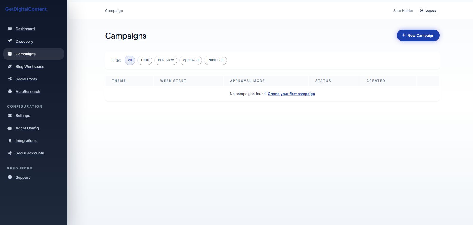 The Campaigns page before any weekly campaigns are created.