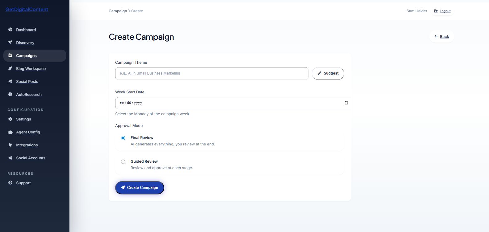 The Create Campaign form with theme, date, and approval mode fields.
