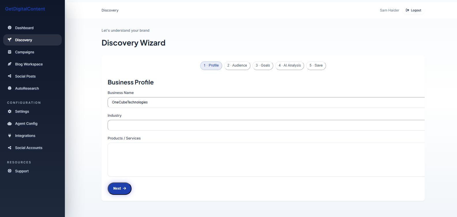 The Discovery wizard showing the multi-step onboarding flow.