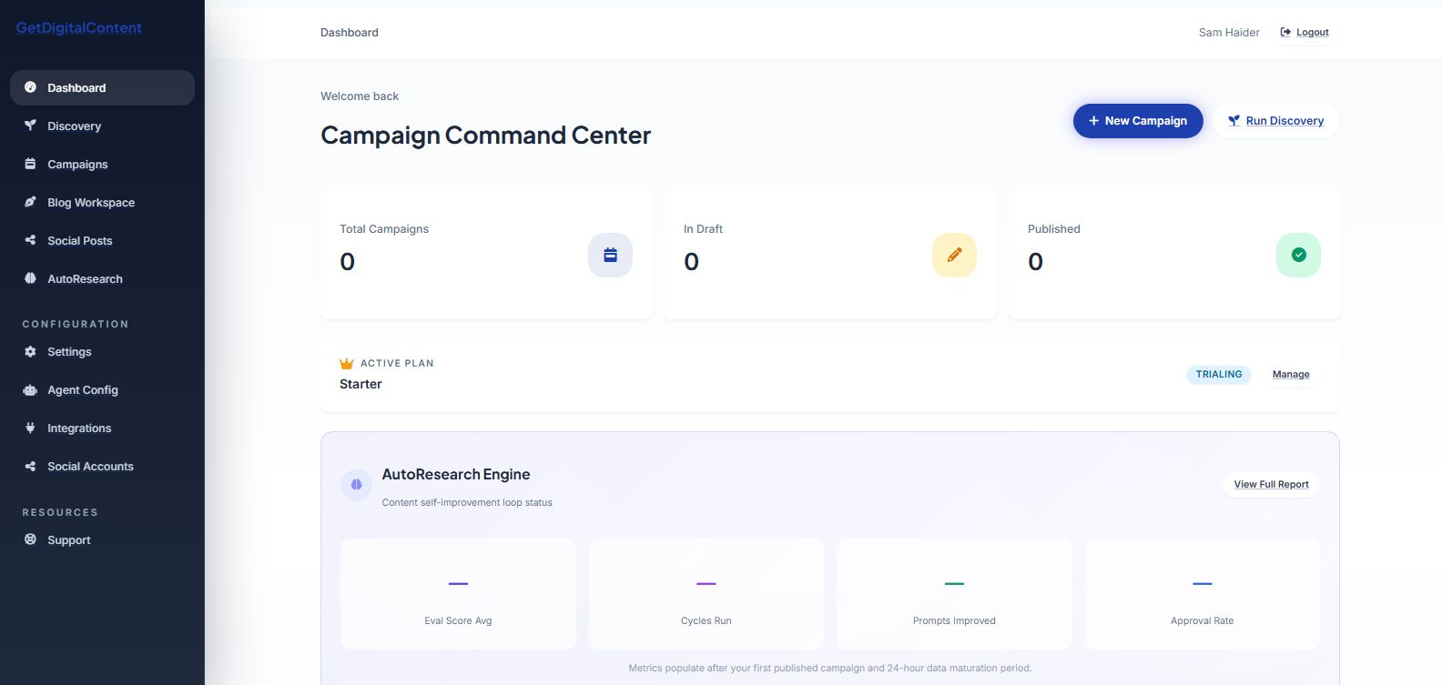 The main dashboard after signing in to the app.