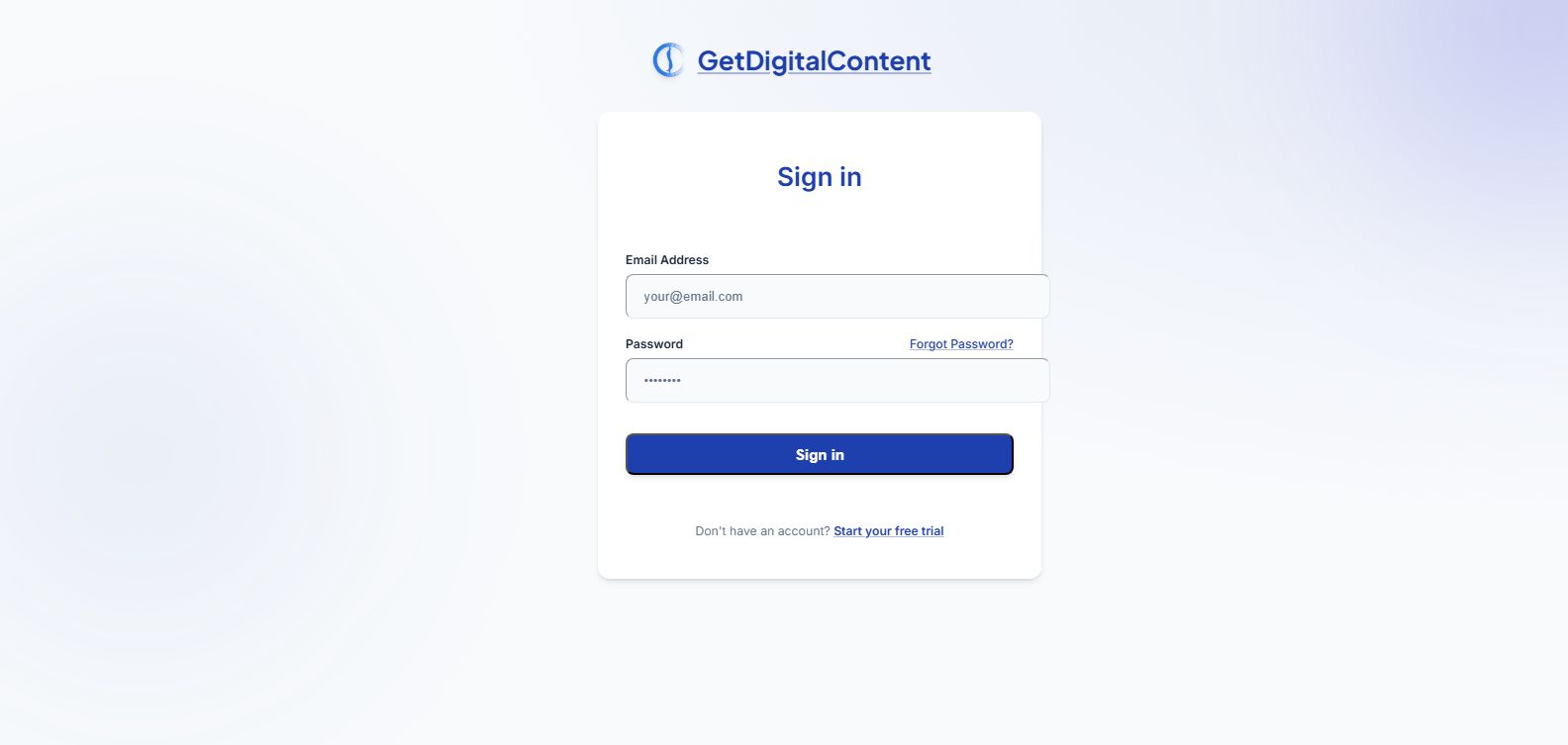 The login screen for an existing GetDigitalContent account.