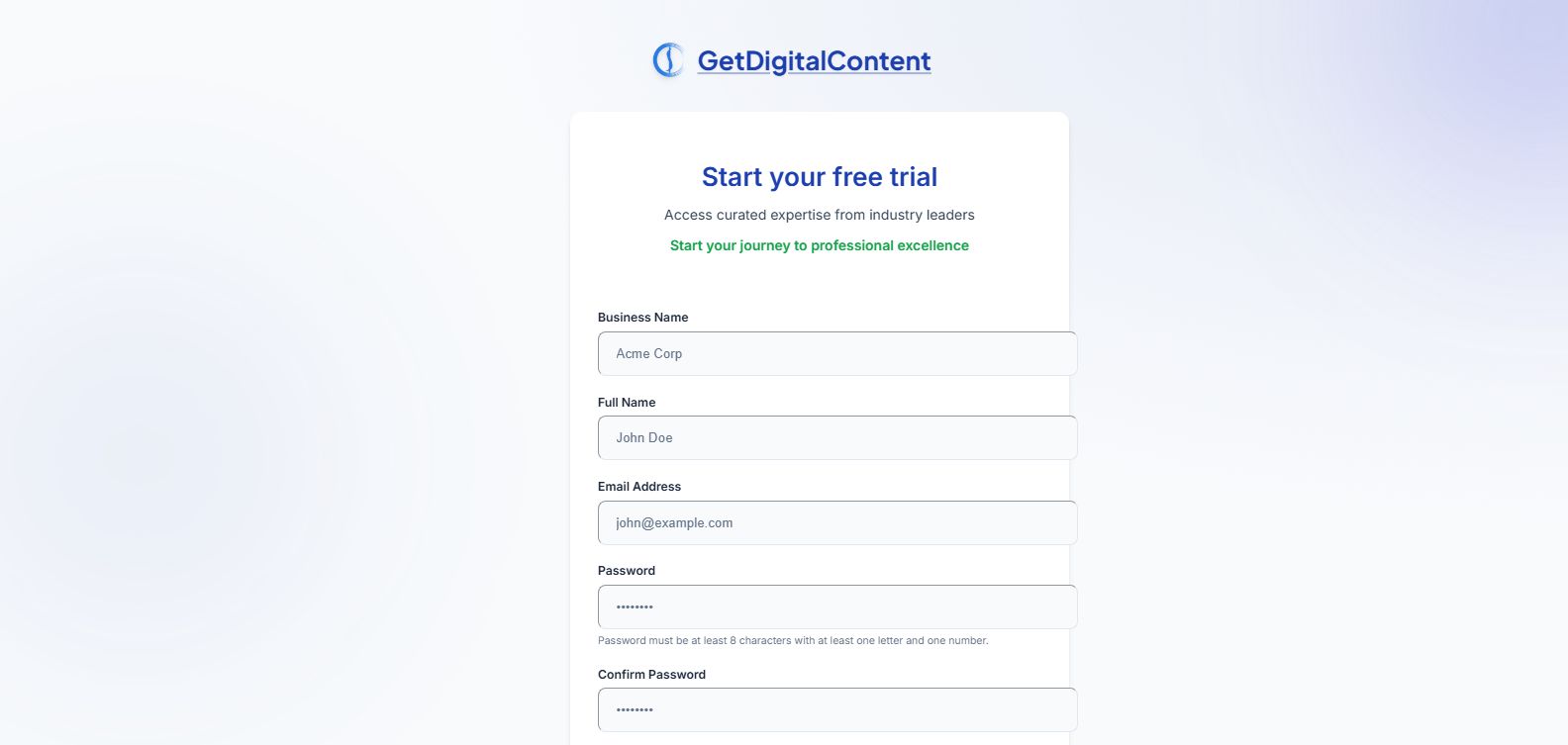 The signup form used to create a new GetDigitalContent account.