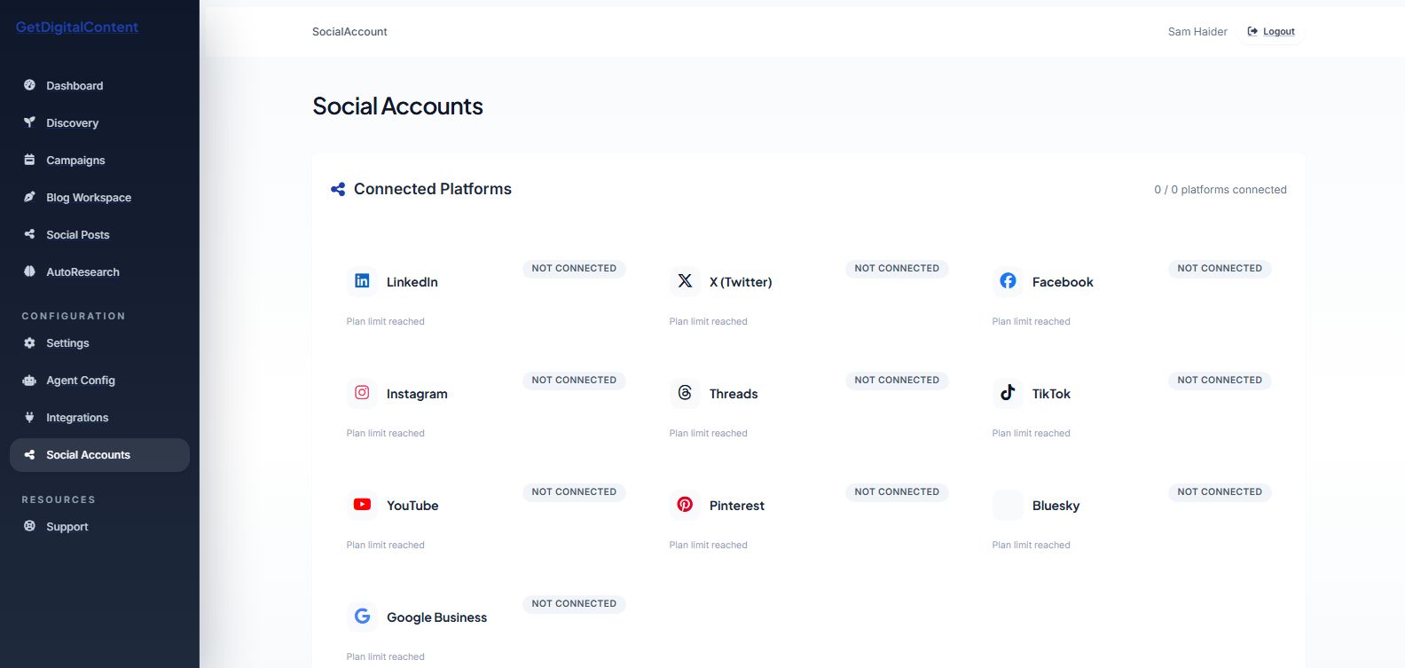 The Social Accounts page where supported platforms can be connected.