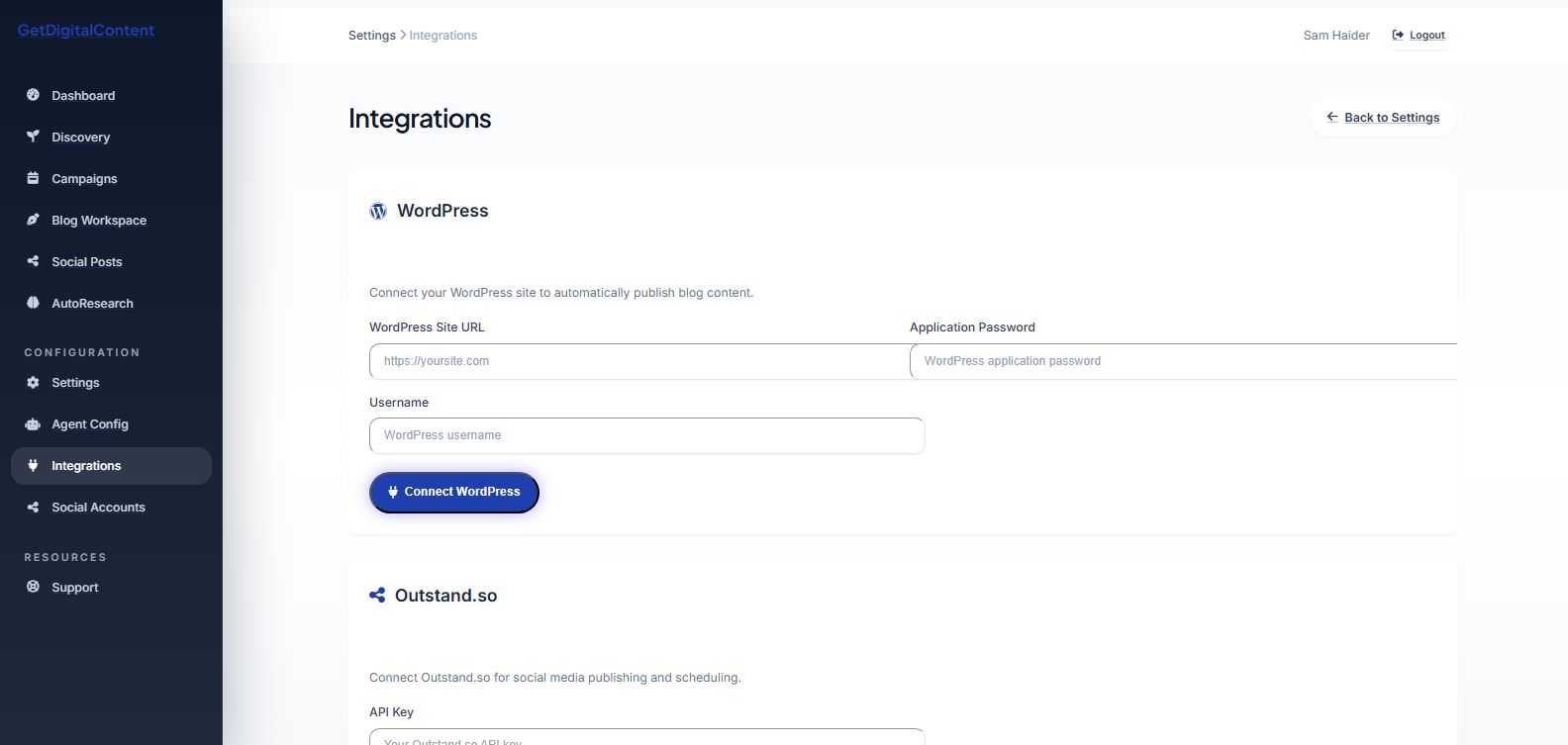 The WordPress integration settings form in the application.