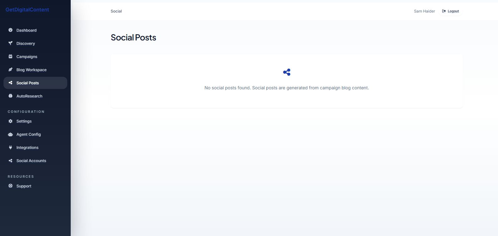 The Social Posts area showing the current generated post list or empty state.